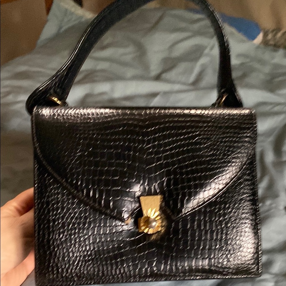 Elegant Black Crocodile-Embossed Handbag